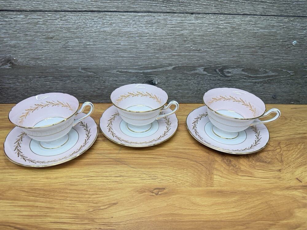 Vintage Shelley Bone China Rose Trousseau Pink & Gold Teacup Saucer Set of 3